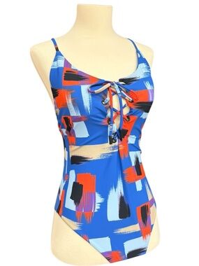 Red Carter Rio Abstract Lace Up One Piece Swimsuit Size 8 Low Back Criss Cross